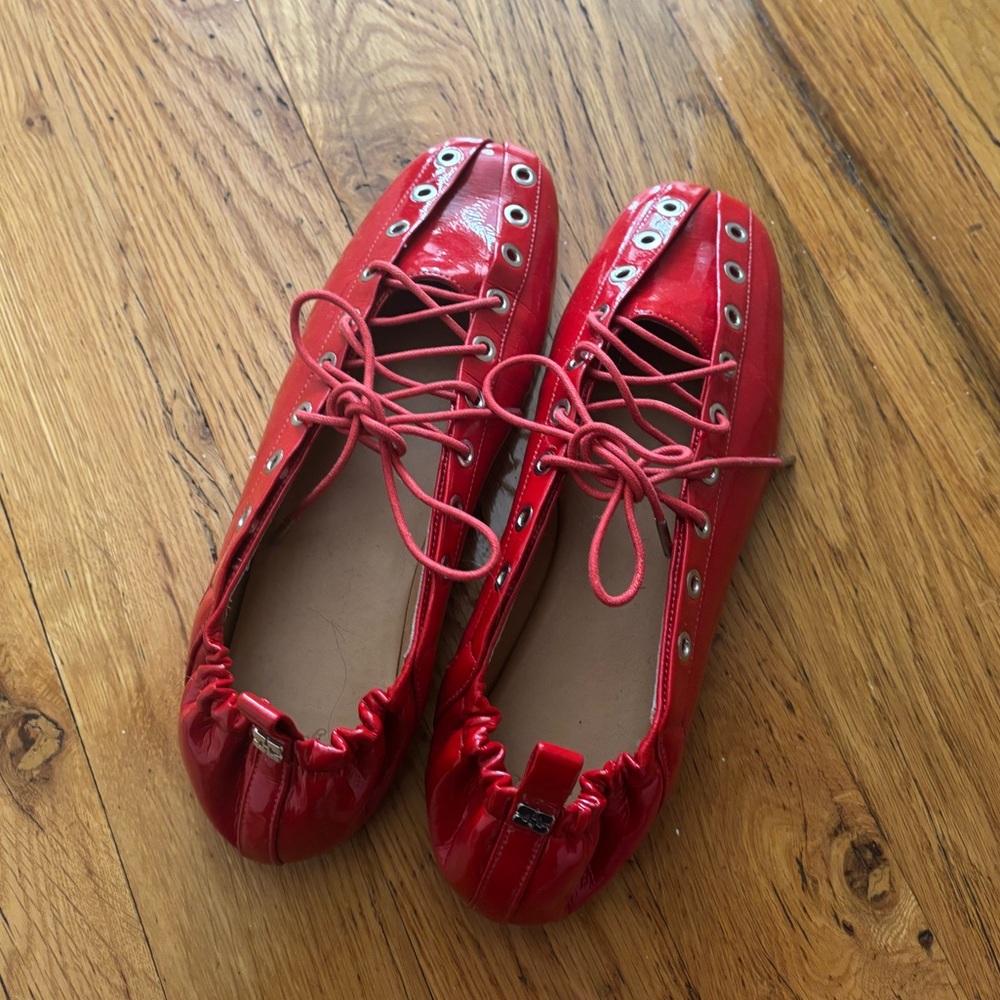 Ganni Red Lace-Up Ballerina flats - Picture 3 of 8